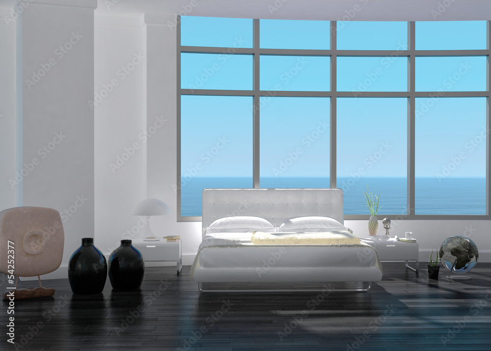 Wall mural 3d rendering of modern white bedroom interior with seascape view