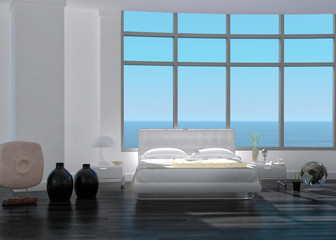 3d rendering of modern white bedroom interior with seascape view
