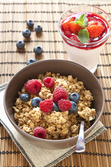 Cereals with blueberries and raspberries, pannacotta on backgrou