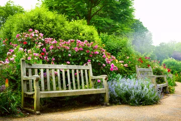 Printed roller blinds Garden Art bench and flowers in the morning in an English park