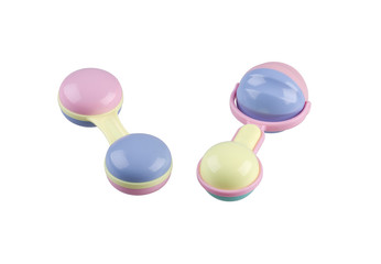 Colorful baby rattle toys isolated on white background