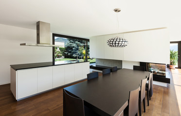 Modern villa, interior, beautiful  kitchen and dining table