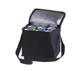 Black cooler bag filled with soft drink cans isolated on white