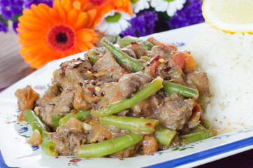 Mexican meat stew with green beans, tomato and rice