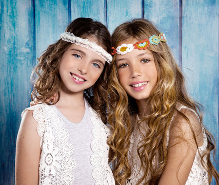 Children friends girls hippie retro style smiling together