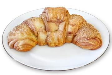 Croissant Puff Pastry Roll In White Porcelain Plate - Isolated O