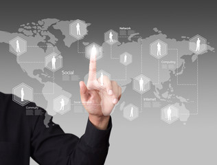 Male touching virtual icon of social network