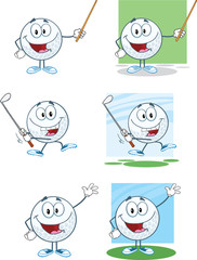 Golf Balls Cartoon Character With Background Different Poses