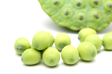 Fresh lotus seeds and pod isolated on white background