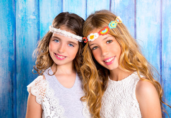 Children friends girls hippie retro style smiling together