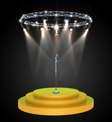 Old fashioned microphone on 3d empty stage with spotlight 
