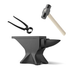 anvil, tongs and a blacksmith's hammer