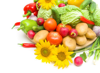vegetables and sunflower close-up on a white background
