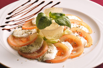 Colourful slices of cheese and tomato
