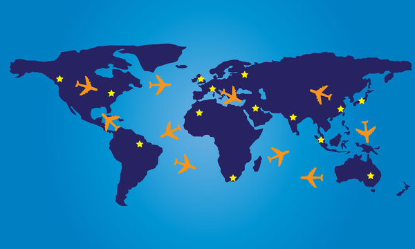 World map with infographic of airplane route concept