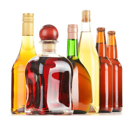 Assorted alcoholic beverages isolated on white