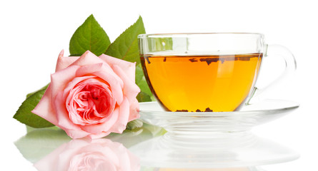 cup of tea with rose isolated on white