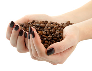 female hands with coffee beans, isolated on white