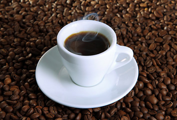Cup of coffee on coffee beans background
