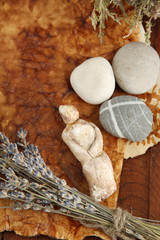 Composition with old papers, herbs, stones and bottles with