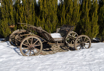 Fototapeta na wymiar vintage wooden carriage snow winter thuja plants