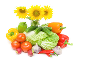 bouquet of sunflowers and vegetables. horizontal photo.