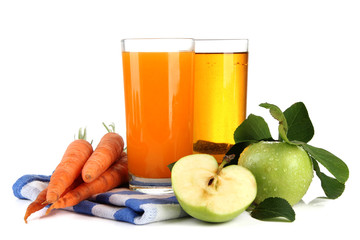 Glasses of juice, apples and carrots, isolated on white