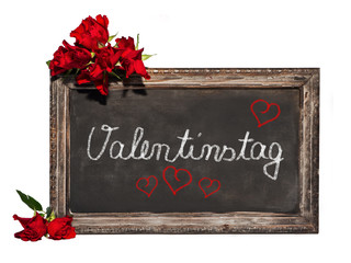 Tafel, rote Rosen, Text, Valentinstag