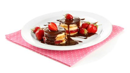 Tasty biscuit cakes with chocolate and berries