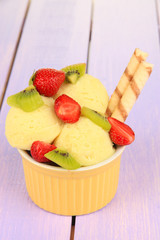 Delicious  ice cream with fruits and berries in bowl