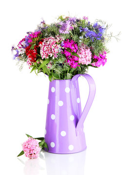 Beautiful bouquet in pitcher isolated on white