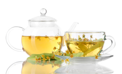 Kettle and cup of tea with linden