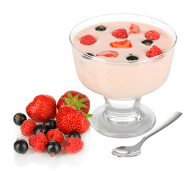 Delicious yogurt with fruit isolated on white