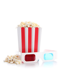 Fototapeta premium Popcorn and 3D glasses, isolated on white
