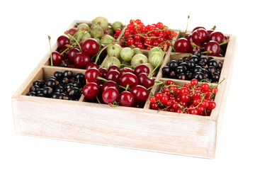 Different summer berries in wooden crate isolated on white