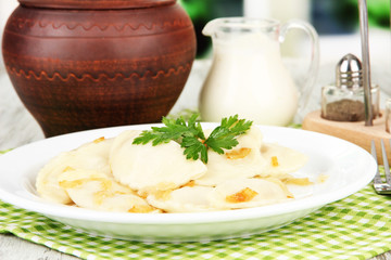 Tasty dumplings with fried onion