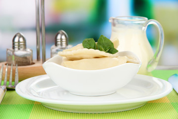 Tasty dumplings on white plate, on bright background