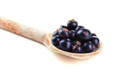 Black currant in wooden spoon isolated on white