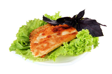 Tasty chebureks with fresh herbs on plate, close-up