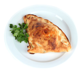 Pizza calzone on table isolated on white