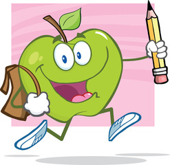 Happy Green Apple With School Bag And Pencil Goes To School