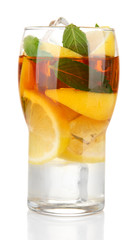 Iced tea with lemon and mint isolated on white