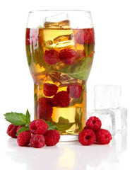 Iced tea with raspberries and mint isolated on white