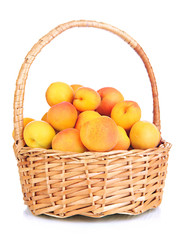 Fresh natural apricot in wicker basket isolated on white