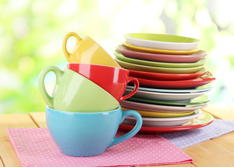 Mountains colorful dishes on napkins on nature background