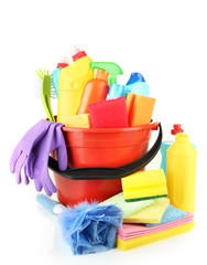 Cleaning items in bucket isolated on white