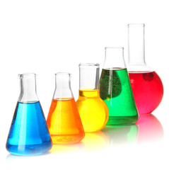 Test tubes with colorful liquids isolated on white