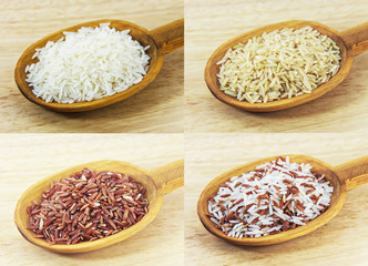 Jasmine rice and Brown rice on wooden spoon , Thailand