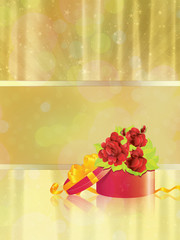 Gift box with roses on gold background