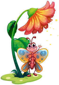 A butterfly waving below the giant flower